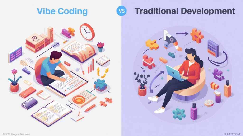 A split-screen isometric illustration comparing "Vibe Coding" on the left and "Traditional Development" on the right. The left shows a person working with books and analog tools, while the right shows a person surrounded by floating digital puzzle pieces and flowcharts.