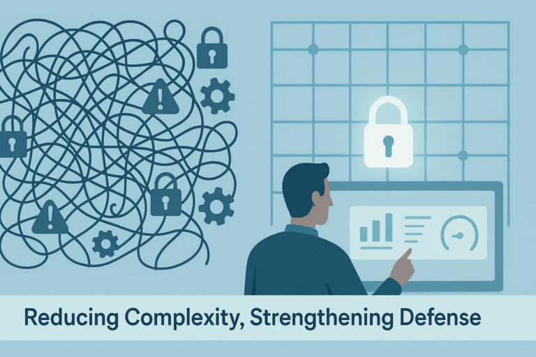 Intricate security icons surround a person studying data, highlighting the importance of simplifying complex systems.