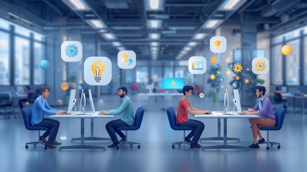 A stylized graphic depicting a modern workflow, showing a professional interacting with various floating screens and interfaces that represent multitasking between coding, data analysis, and documentation.