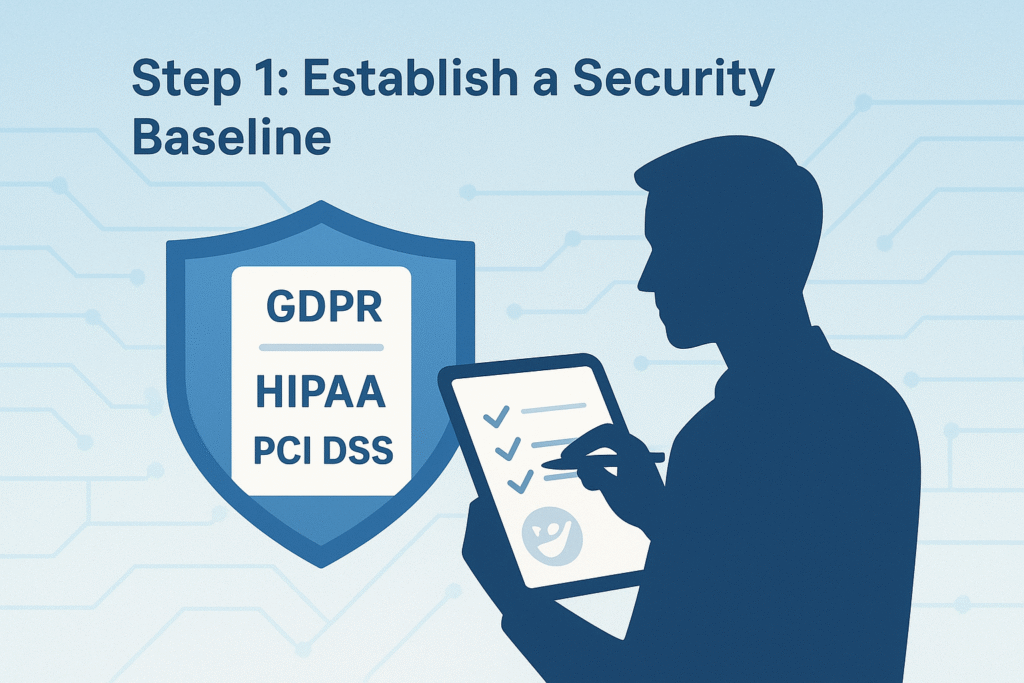 Developer checking compliance items on a tablet beside GDPR, HIPAA, PCI DSS shield for secure design review checklist concept.