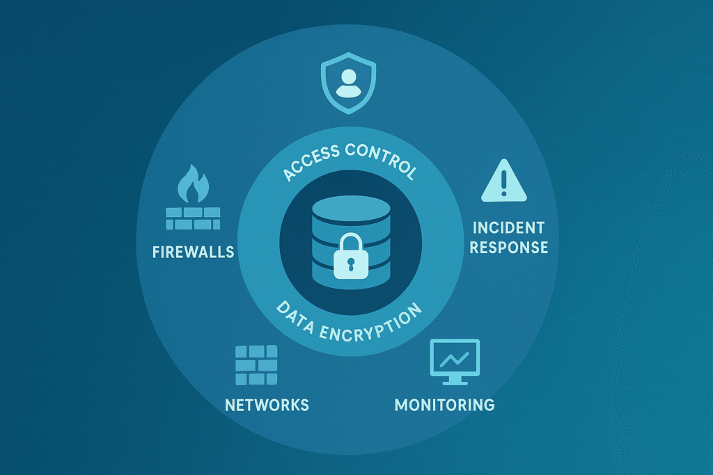 Circular security architecture with lock, networks, and firewalls visualizing layered protection in a secure design review checklist.