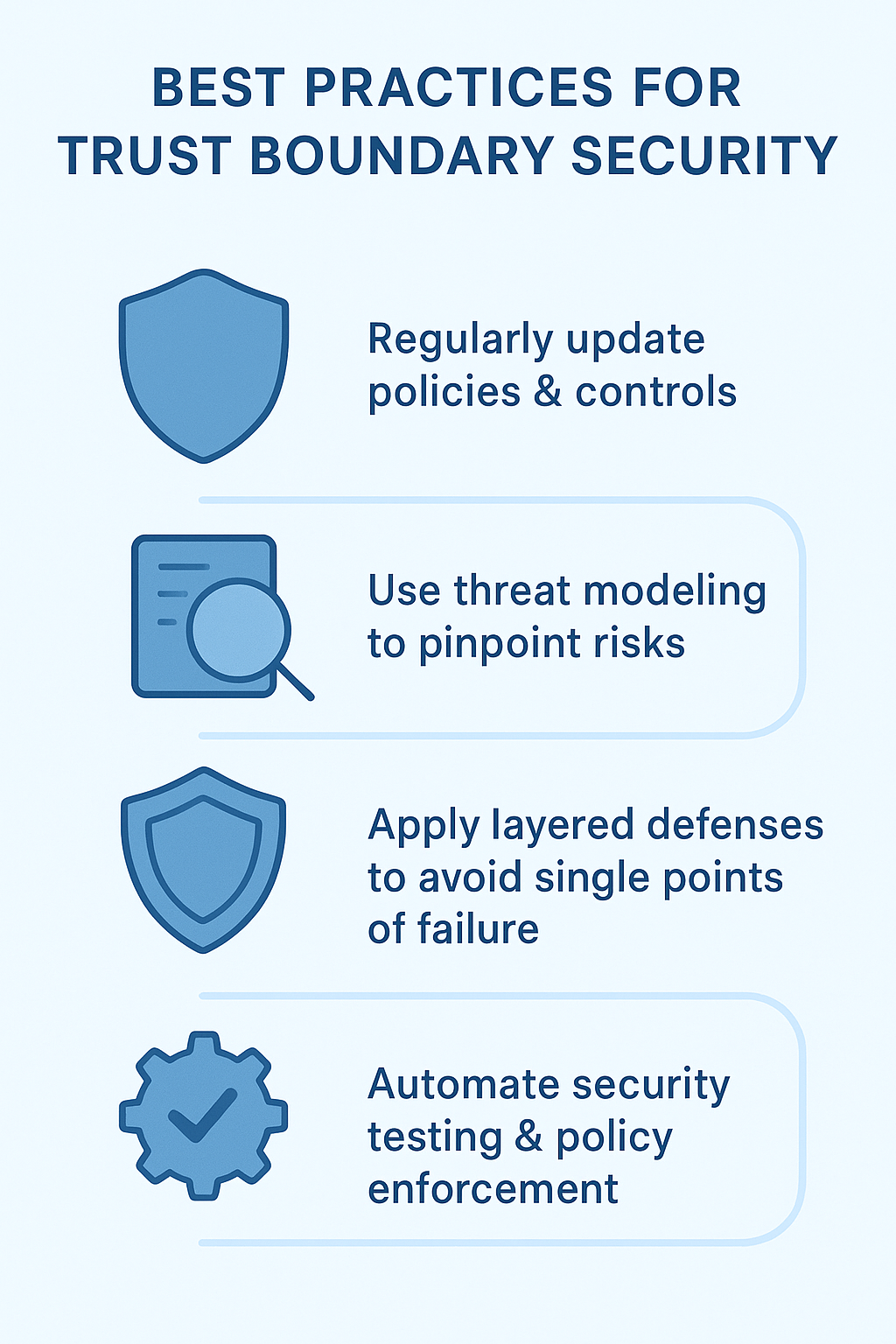 Infographic showcasing effective strategies for [securing trust boundary crossings] through policy management, risk assessment, and defense-in-depth.

