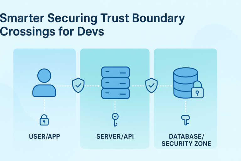 Visualizing the security measures for [securing trust boundary crossings] between device, server, and database zones.