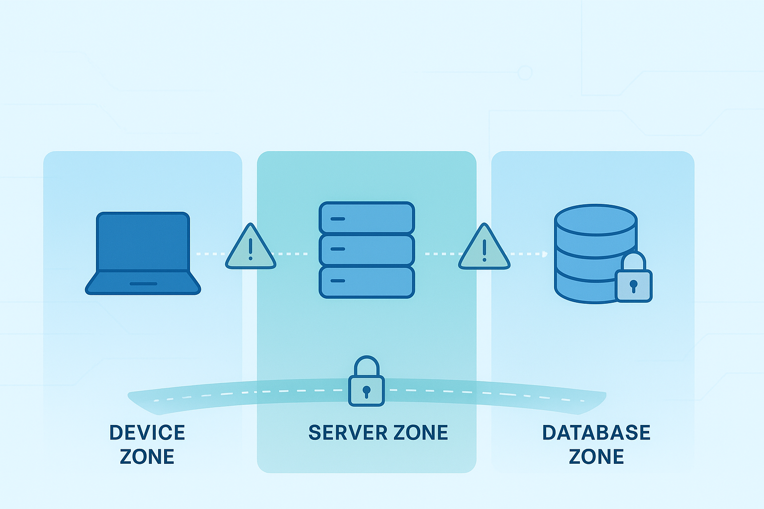 Visualizing the security measures for [securing trust boundary crossings] between device, server, and database zones.