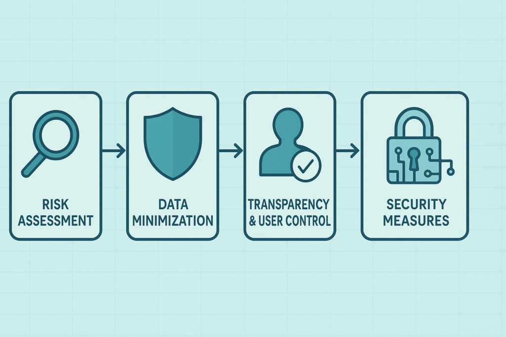 Illustration showcasing a comprehensive approach to digital security, encompassing risk assessment, data minimization, user transparency, and targeted security measures.