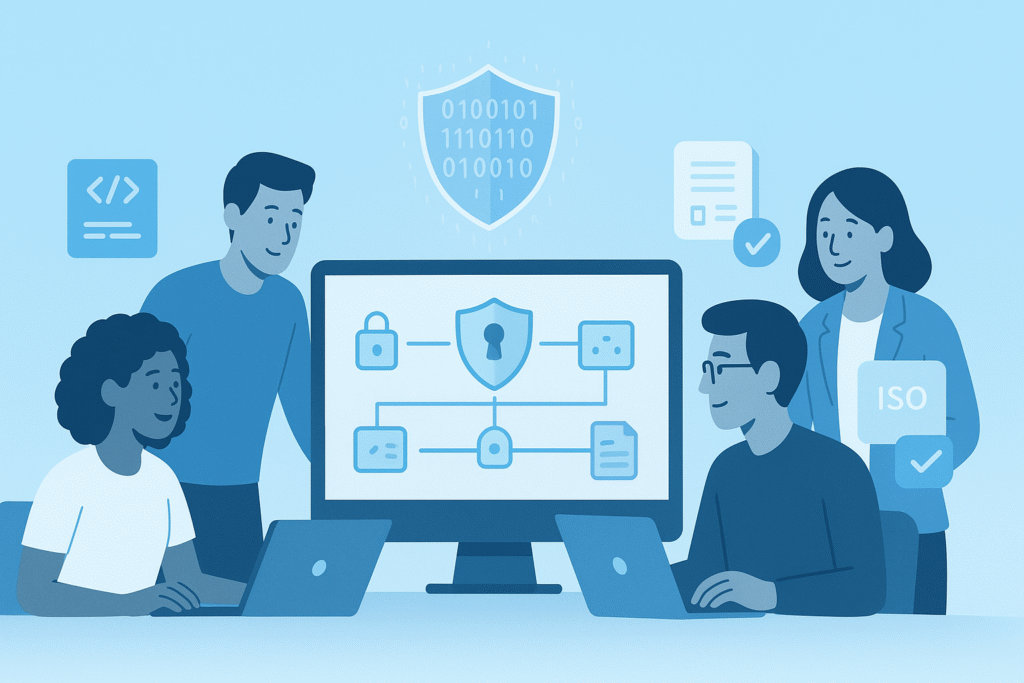 An illustration depicting a collaborative team discussing security systems and data protection measures, emphasizing the importance of a comprehensive approach.
