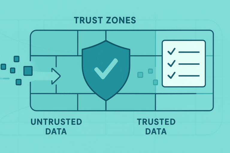 Conceptual diagram of [validating data trust boundaries] - secure and unsecured data areas divided by a protective shield.