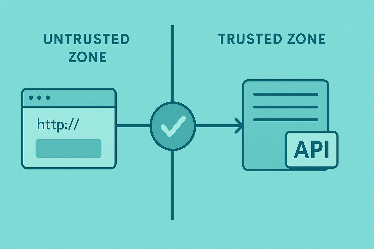 Illustration showcasing the separation between [validating data trust boundaries] - an untrusted web interface and a trusted API.