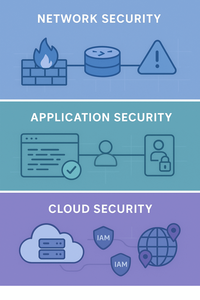 Infographic showcasing the key components of digital security, including network, application, and cloud-based protection measures.