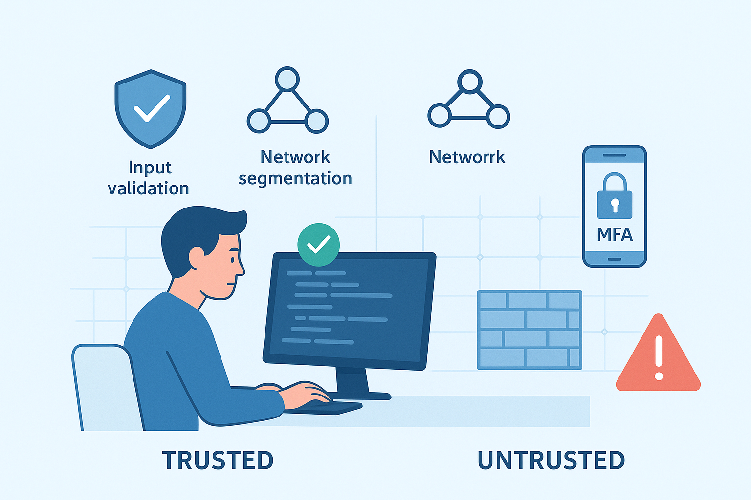 Visual comparison of secure and insecure digital systems, emphasizing the role of input validation, network segmentation, and multi-factor authentication.

