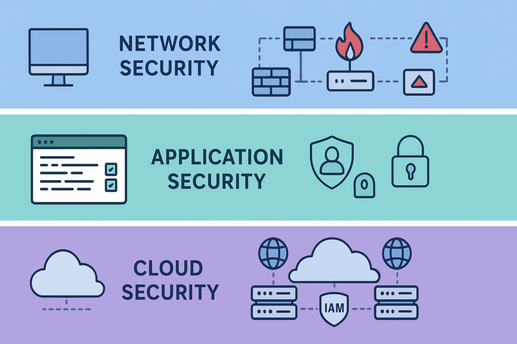 Visual representation of the interconnected nature of cybersecurity, highlighting the need for comprehensive protection across various digital domains.
