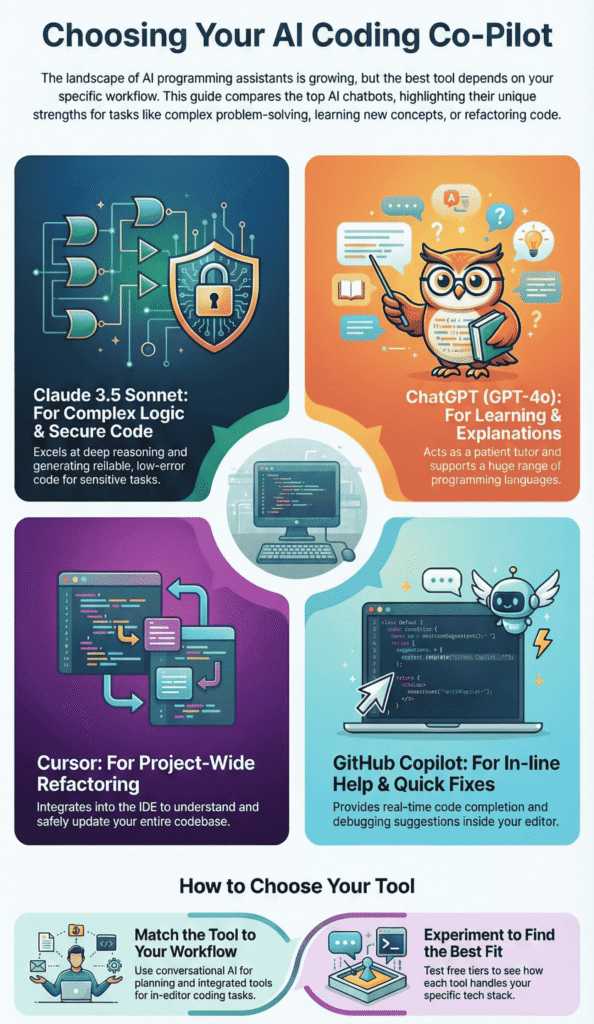 Infographic titled "Choosing Your AI Coding Co-Pilot" comparing Claude, ChatGPT, Cursor, and GitHub Copilot.