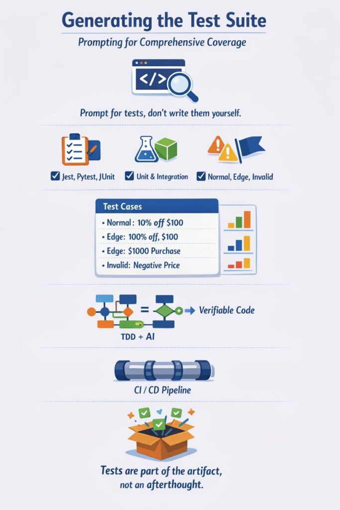 [Effective Prompting Techniques]: An infographic outlining strategies for generating comprehensive test suites, emphasizing the importance of clear, structured prompts.