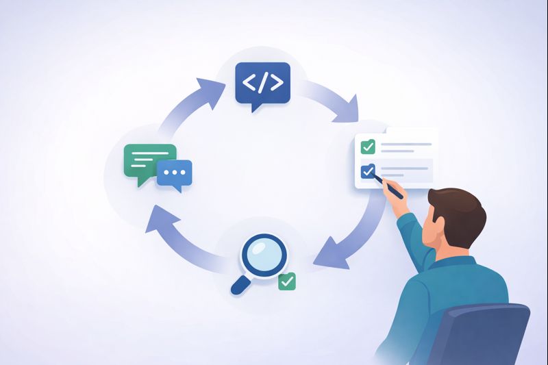 [Effective Prompting Techniques]: A person interacting with a cyclical process of code, communication, and task completion, demonstrating the value of structured prompts.