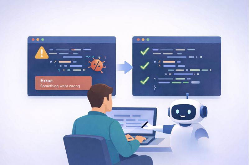 [Effective Prompting Techniques]: A person troubleshooting an issue with the assistance of a robot, demonstrating the value of clear, structured prompts.

