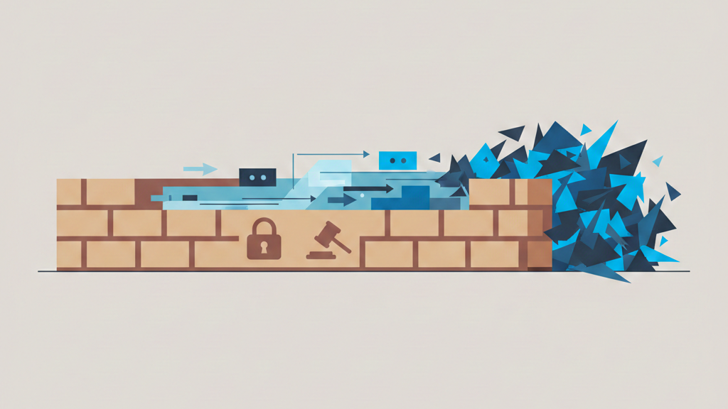 A visual metaphor: an AI system operating inside a low brick guardrail, not a detailed blueprint.