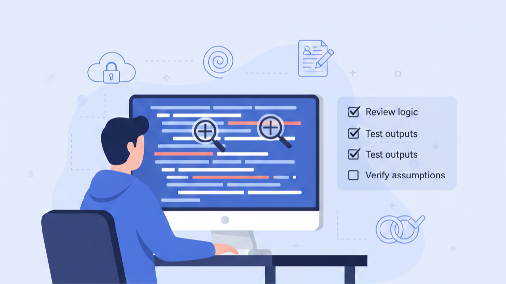 A developer reviews code, tests outputs, and verifies assumptions on a computer screen.