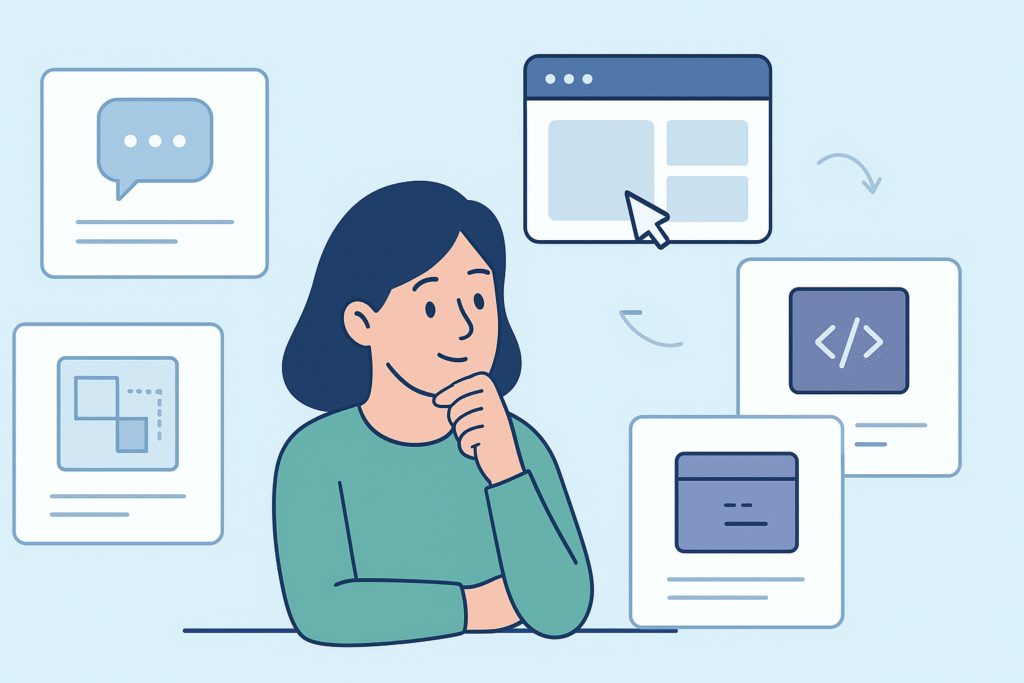 [Getting Started with Vibe Coding] A person engrossed in the creative aspects of building a webpage, surrounded by coding tools and interfaces.