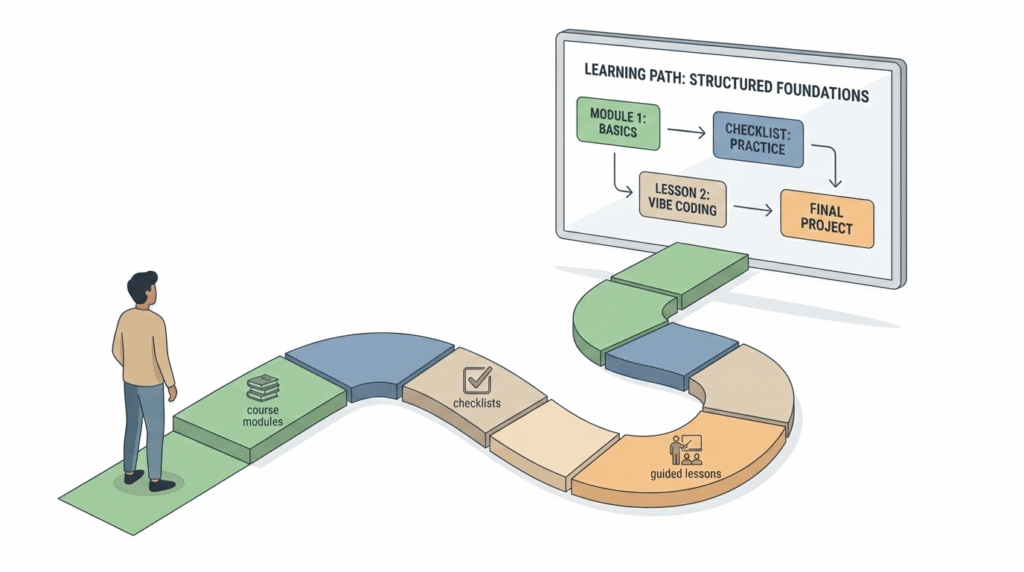 A structured curriculum visual that explains where to learn effective vibe coding techniques through guided lessons, hands-on practice, and a final project.