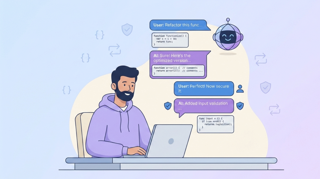 A programmer using AI-powered tools to refactor and validate code, reflecting where to learn effective vibe coding techniques while maintaining quality.
