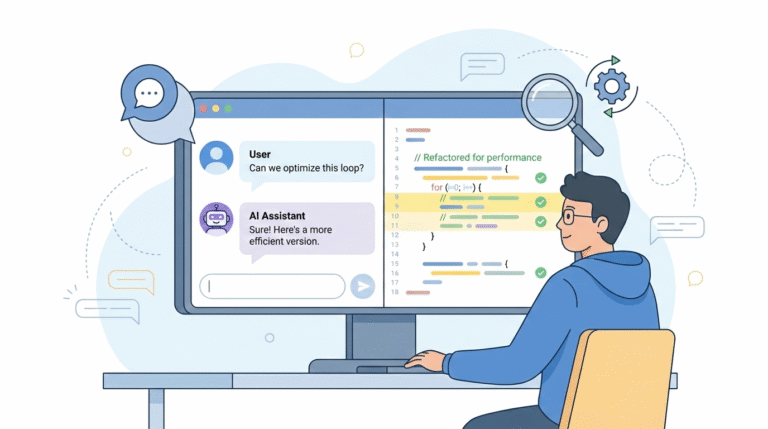 Where to learn effective vibe coding techniques illustrated by an AI assistant helping improve code performance on a developer’s computer screen.