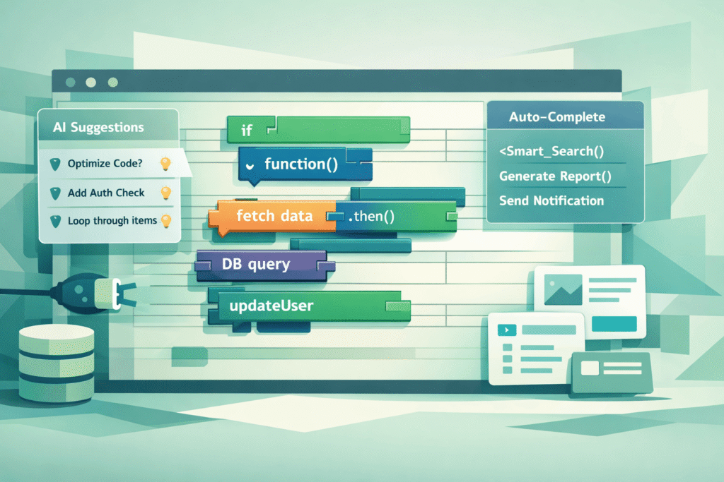 A stylized digital interface showing colorful code blocks like "fetch data" and "updateUser" with an AI suggestions sidebar.