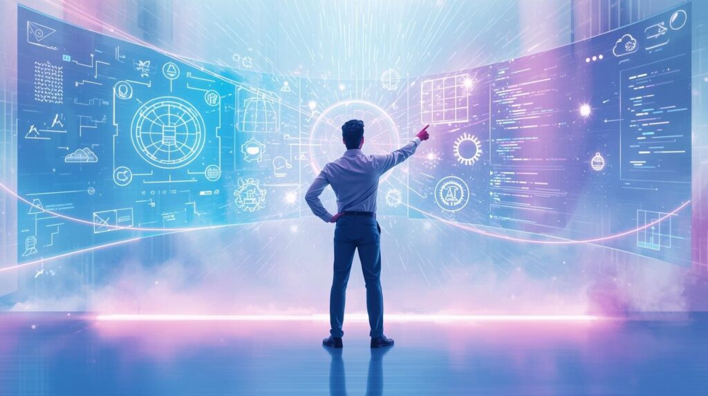 "A man standing in front of a massive, curved holographic display, interacting with glowing neon code, data charts, and network diagrams in a futuristic setting."