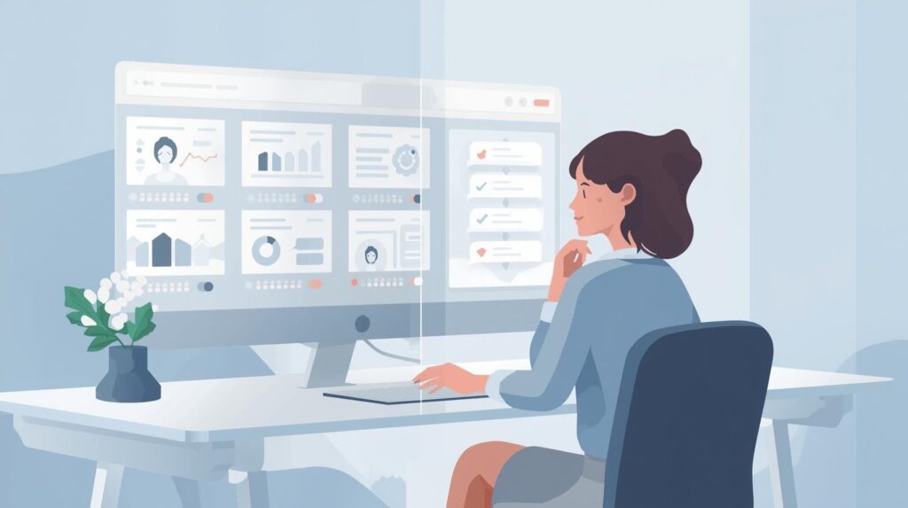 A woman viewed from behind sitting at a desk and looking at a large computer monitor displaying data dashboards.