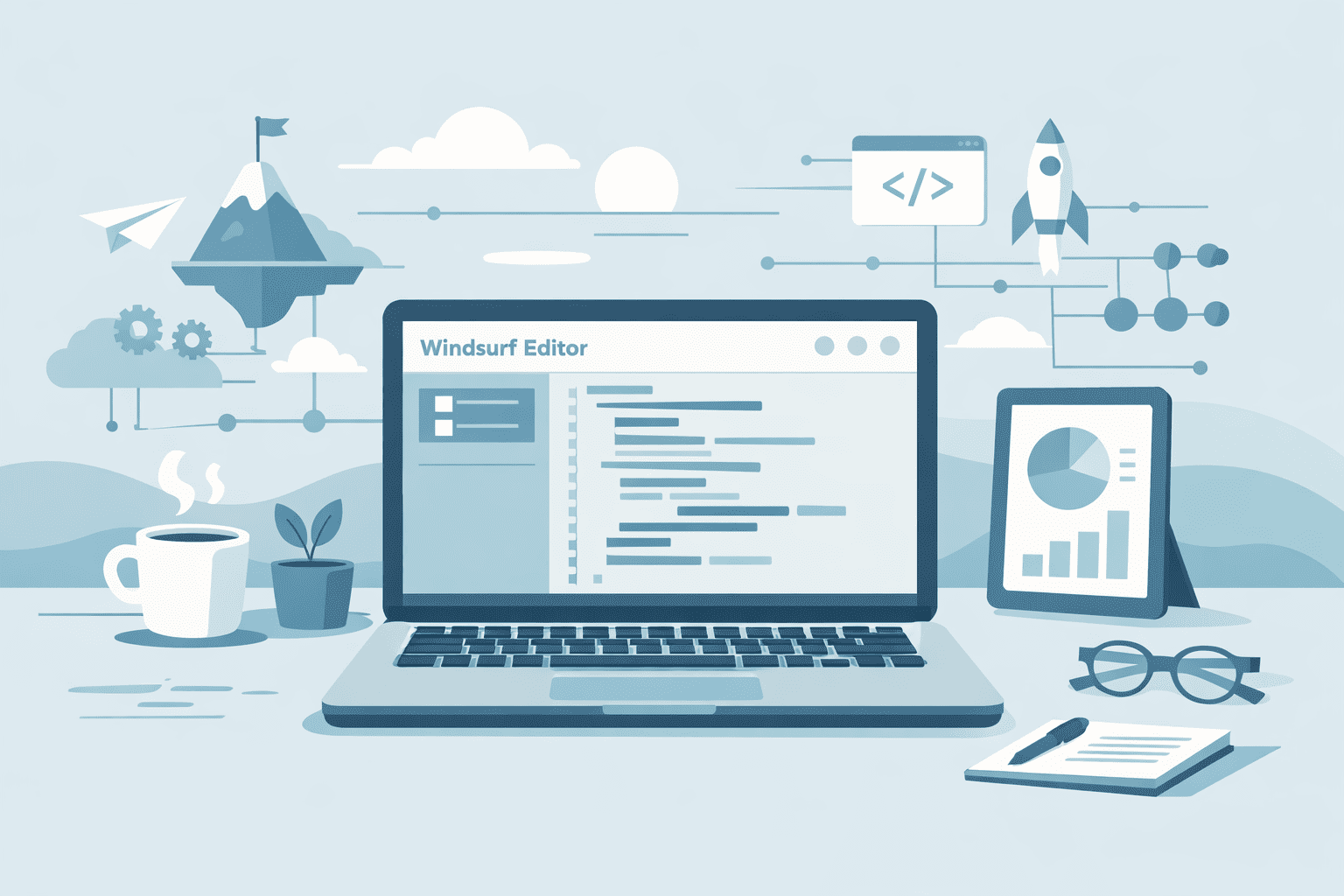 A clean, blue-toned illustration of a laptop running Windsurf Editor on a desk with a notebook and coffee.