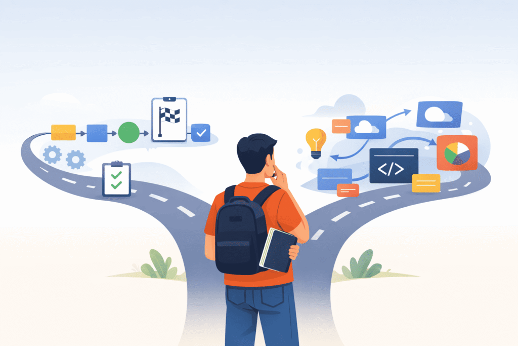 Illustration of a person with a backpack standing at a crossroads, choosing between a structured path and a creative, code-filled path.