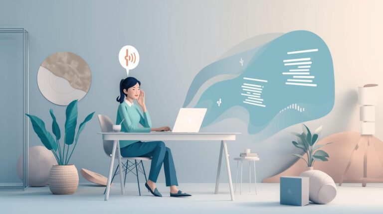 A minimalist illustration of a woman sitting at a white desk with a laptop, featuring a voice command icon in a speech bubble.