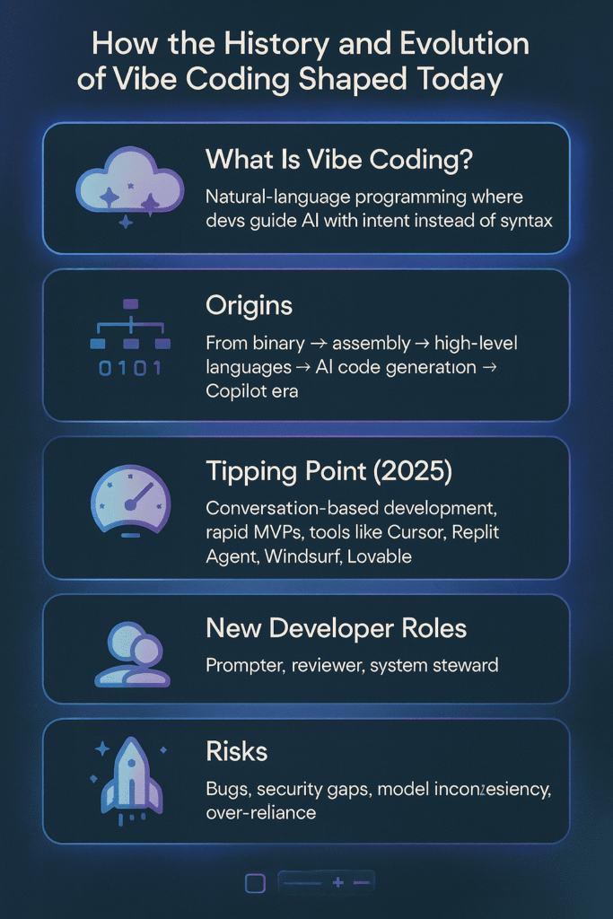 Vertical dark-themed infographic titled "How the History and Evolution of Vibe Coding Shaped Today," outlining definitions, origins, the 2025 tipping point, and new developer roles.
