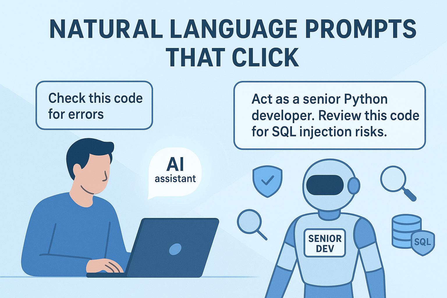 A beginner's guide to natural language prompts: Empowering an AI assistant to check code for errors and review for SQL injection risks.