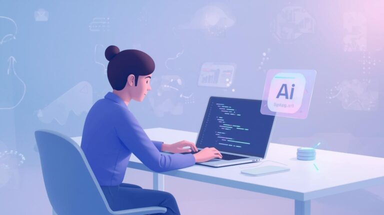 A modern illustration of a person coding on a laptop, representing the integration of human creativity and AI assistance.