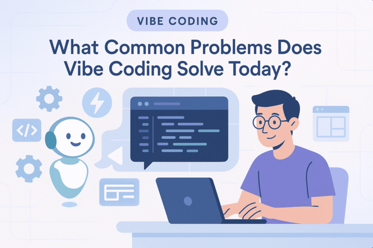 A blog header image asking "What Common Problems Does Vibe Coding Solve Today?" illustrating the collaboration between human developers and AI coding assistants.