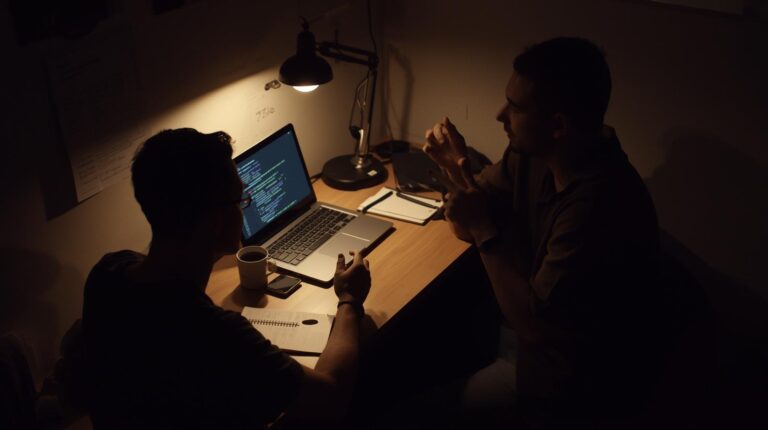 Two developers using best practices for conversational code refinement in late-night coding session