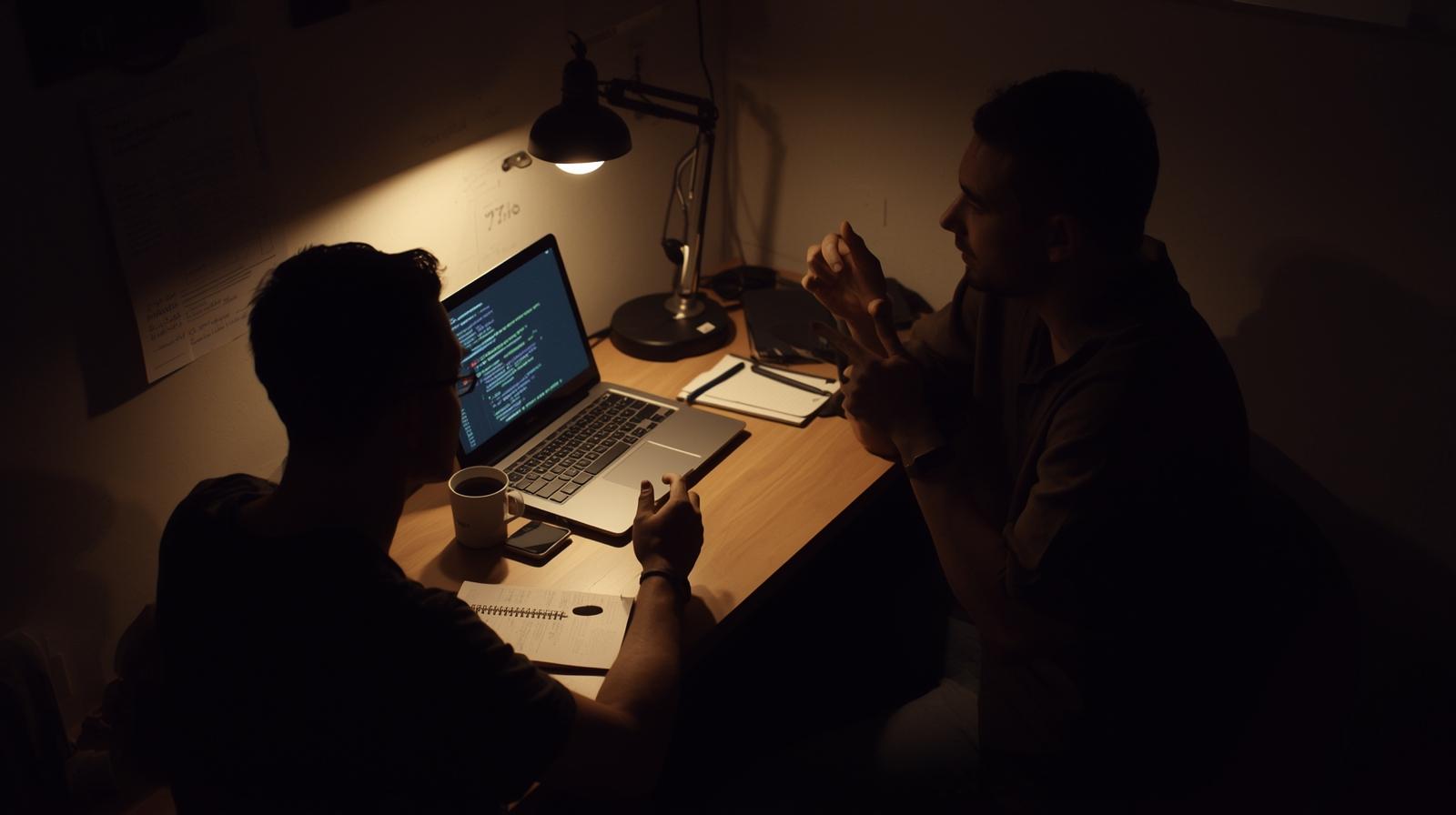 Two developers using best practices for conversational code refinement in late-night coding session