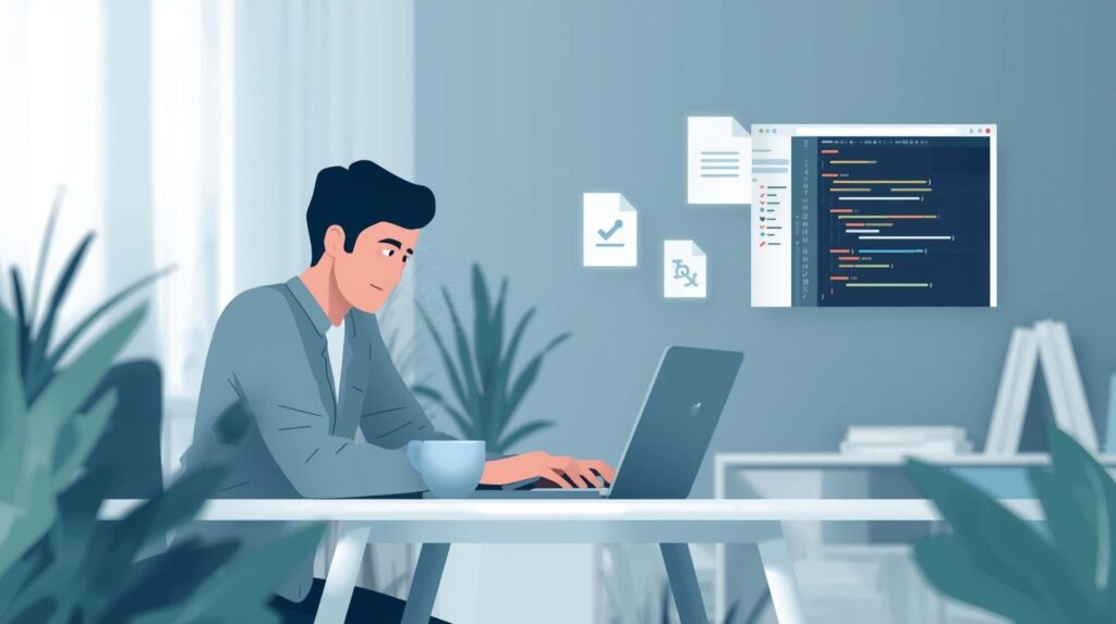 Illustration of a man working on a laptop with digital code windows and documents floating above the screen.