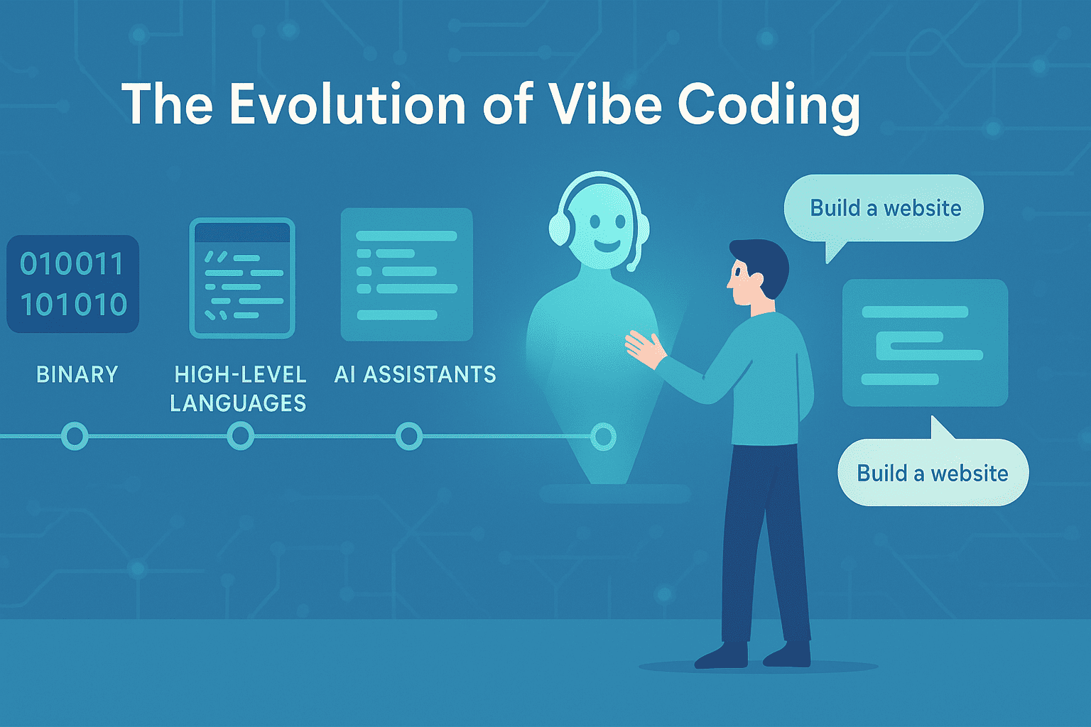 Horizontal illustration titled "The Evolution of Vibe Coding," displaying a timeline from Binary and High-Level Languages to AI Assistants.