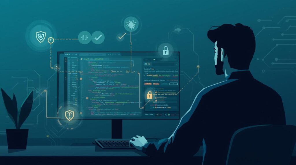 "Illustration of a developer sitting at a desk in a dark room, viewing a computer screen overlaid with floating digital icons of padlocks, shields, and checkmarks."