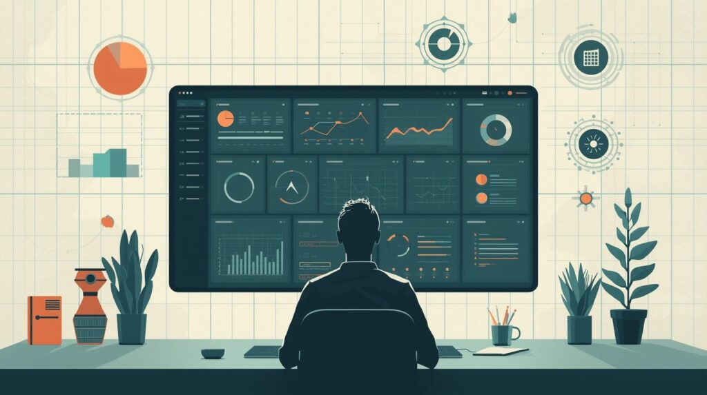 A minimalist illustration of a developer sitting at a desk facing a large monitor filled with complex data dashboards.