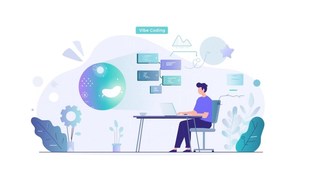 A futuristic workspace illustration labeled "Vibe Coding," depicting a developer at a desk surrounded by floating holographic code blocks and creative digital elements.