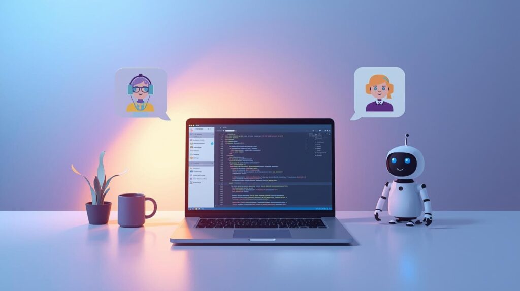 A laptop on a desk showing code, flanked by two floating customer support avatars and a small robot figurine.