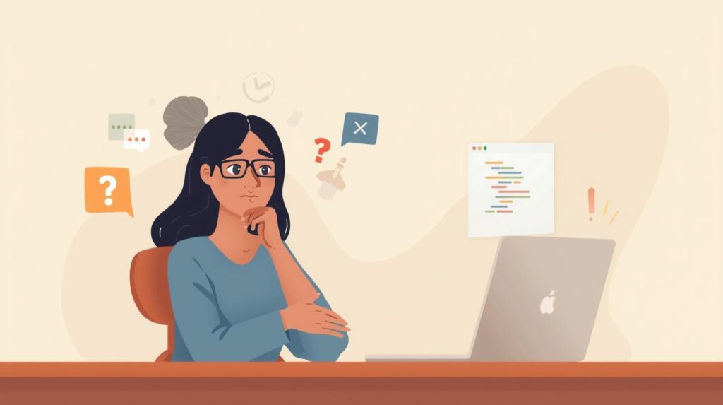 A flat-style illustration of a woman in glasses looking thoughtful in front of a laptop, surrounded by question marks and floating UI elements.