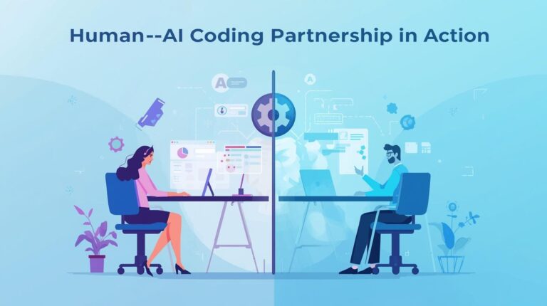 "Vertical infographic titled 'Human-AI Coding Partnership in Action,' detailing the specific roles of humans versus AI, the benefits of collaboration, and best practices for workflow."