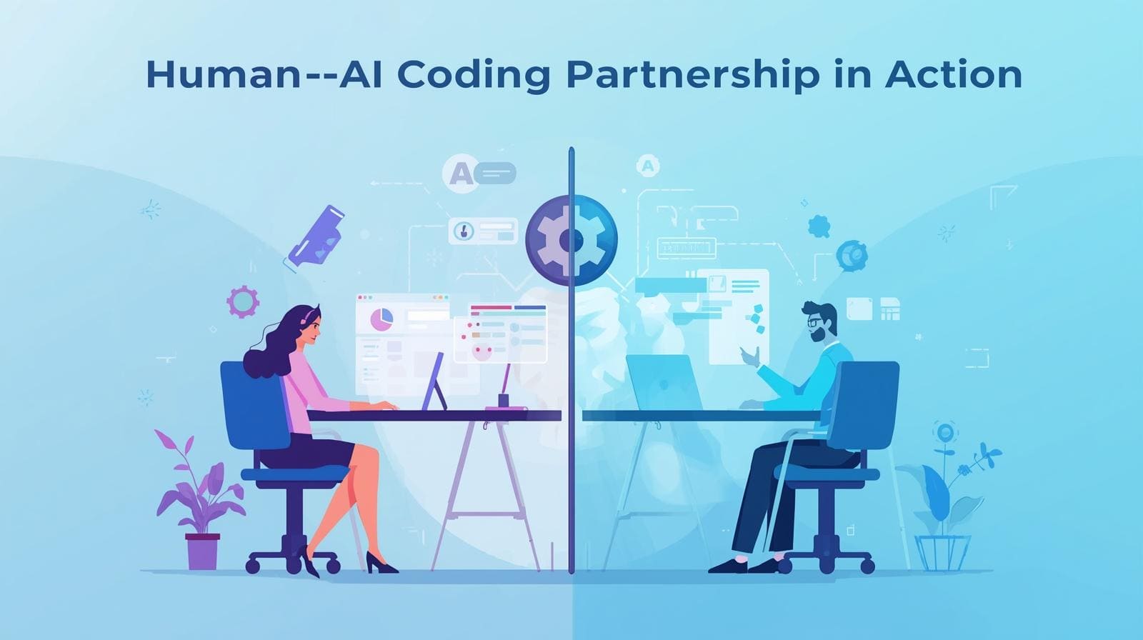"Vertical infographic titled 'Human-AI Coding Partnership in Action,' detailing the specific roles of humans versus AI, the benefits of collaboration, and best practices for workflow."
