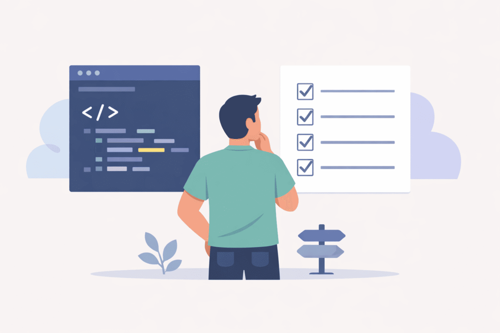 Illustration of a person viewed from behind looking at a code editor and a checklist with four blue checkmarks.
