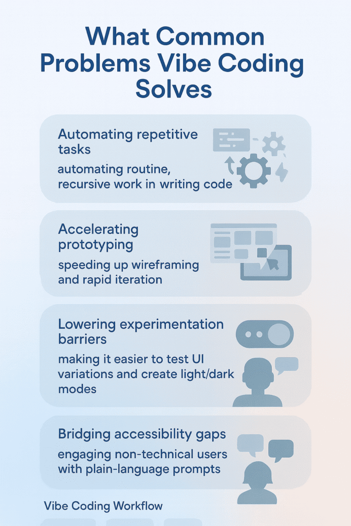 An infographic listing four key benefits of Vibe Coding: Automating repetitive tasks, Accelerating prototyping, Lowering experimentation barriers, and Bridging accessibility gaps.