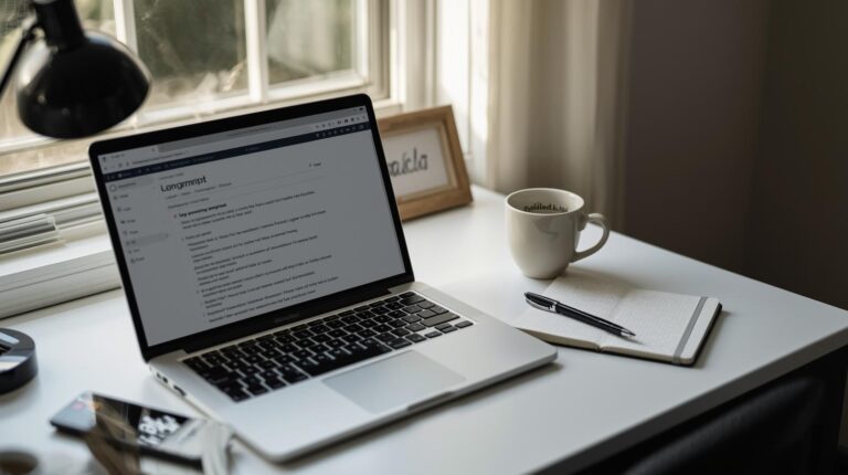 Clean workspace with laptop displaying how to describe complex logic to an AI through structured prompts
