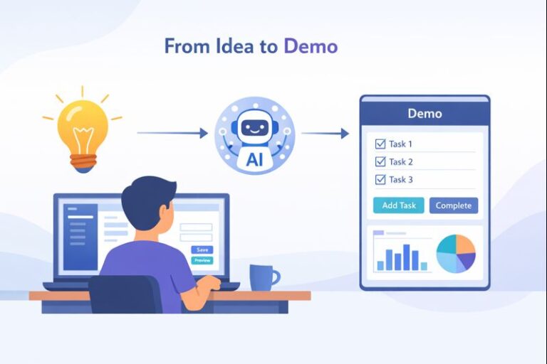 [how to generate your first app using AI] Conceptual illustration showcasing the process from idea to functional demo application.